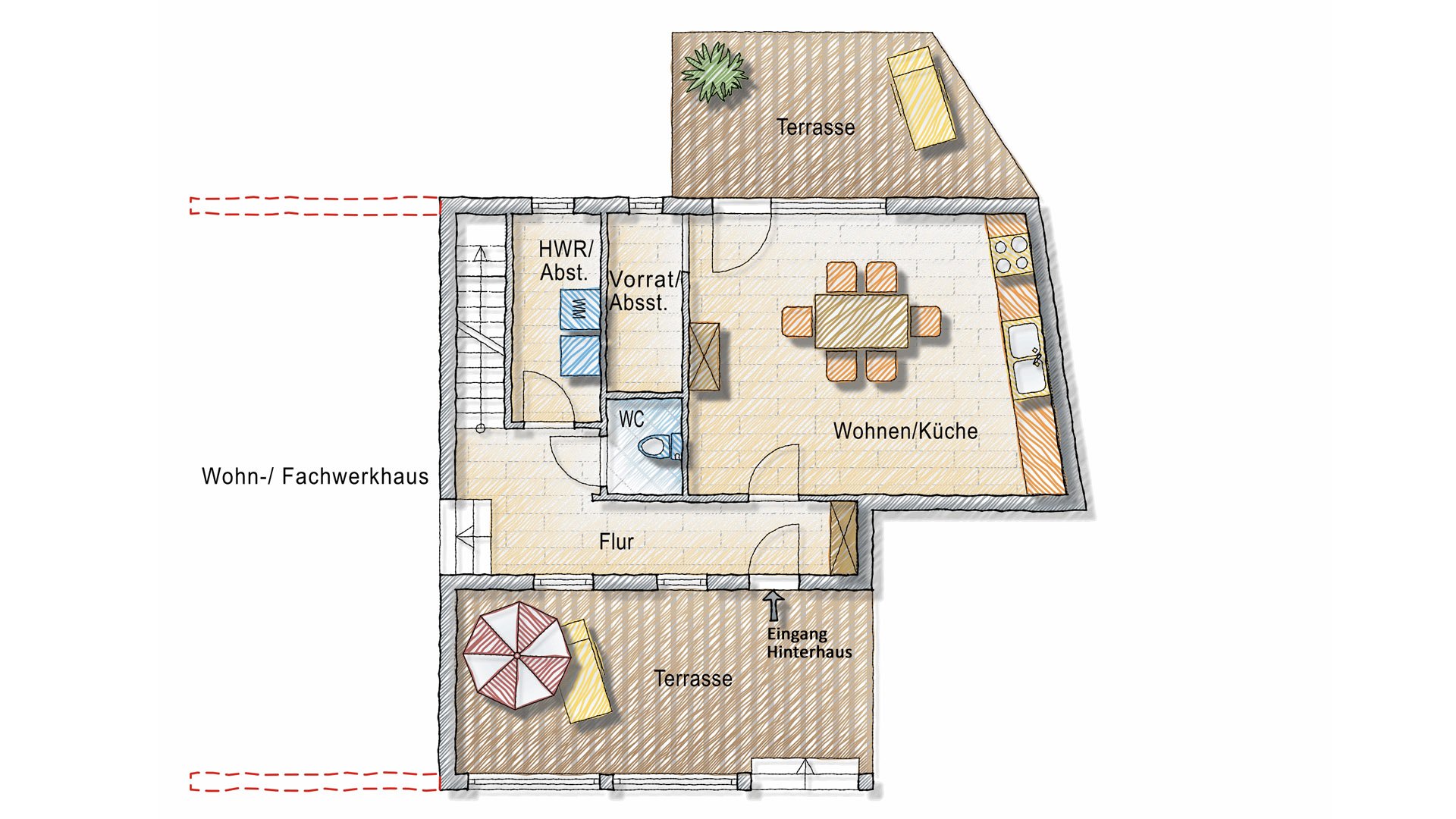 Morsbach: Preiswert und sofort beziehbar, Grundriss: Haus II / Anbau-Erdgeschoss ca. 44 m²